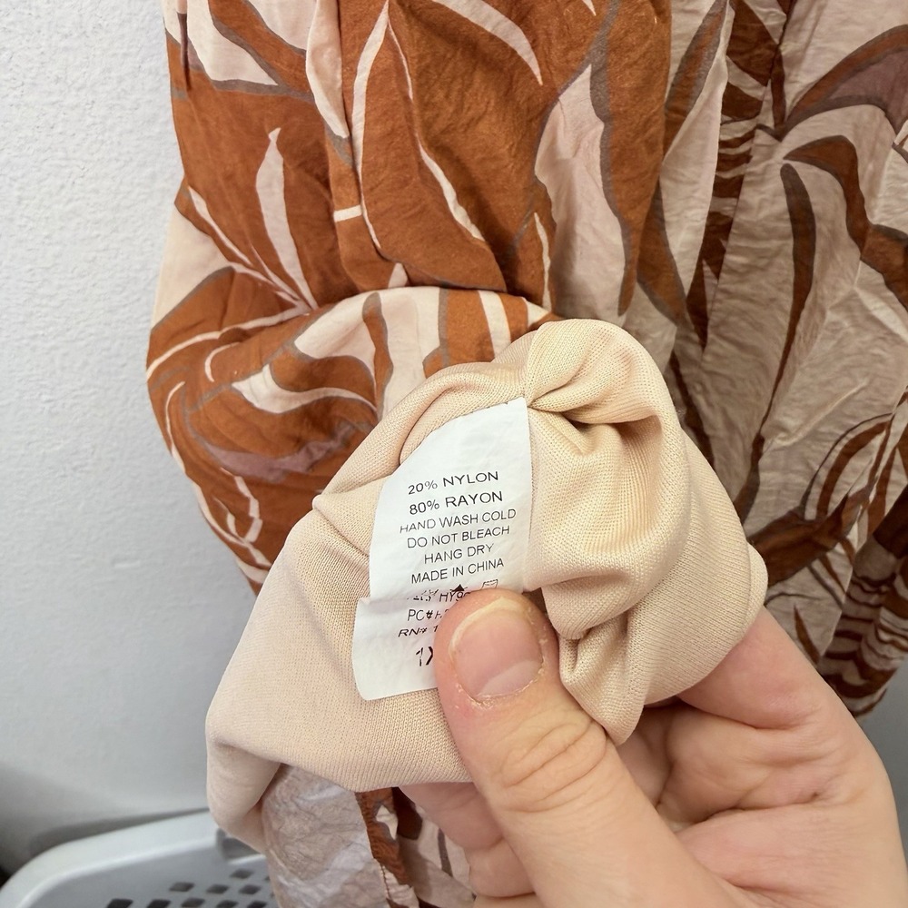 Baltic Born Dress 2XL Smocked Midi Tan Floral Formal Boho Tropical Flowy Stretch - Picture 9 of 10